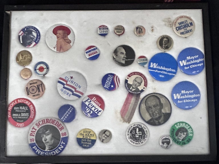 Item #13976 Collection of Political / Novelty Buttons [Framed in a Set