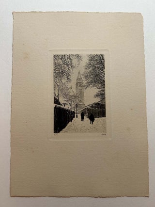 Winter street scene in Russia. [Undisclosed town in Russia with two figures in the foreground and...